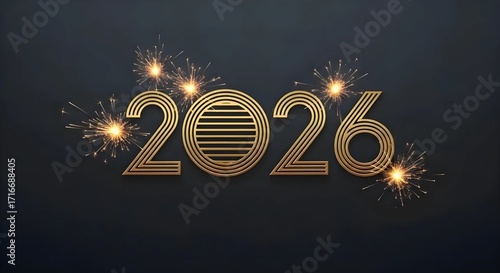 Festive 2026 New Year Numbers in Sleek Gold with Sparklers and Clean Typography