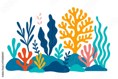 Summer card design with ocean abstract organic shapes, vector flat background with cute underwater plants, algae, seaweed, and colorful coral reef in naive style illustration