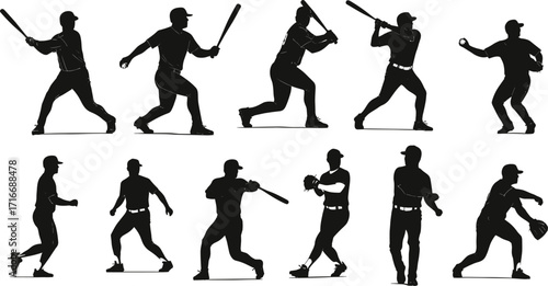 Baseball silhouettes, batting, pitching, catching, fielding, sports action, dynamic poses, athlete movement, training, teamwork, competitive game, isolated figures