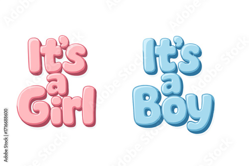 It's a girl, It's a boy 3D lettering text set. Vector quote collection for baby shower invitation, gender reveal party, greeting card, or newborn announcement poster.