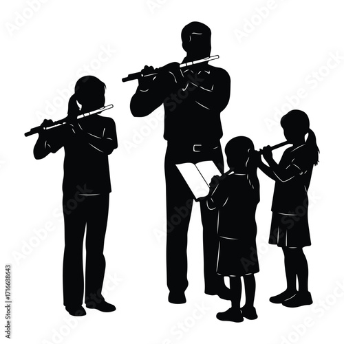 Family playing flutes together black silhouette children