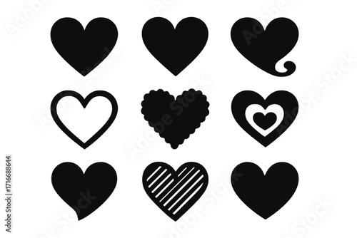 Set of symmetric black hearts, stylized love symbols, different shapes and designs on white background, vector flat icons for Valentine’s Day, romantic and decorative hearts with hatching and outlines