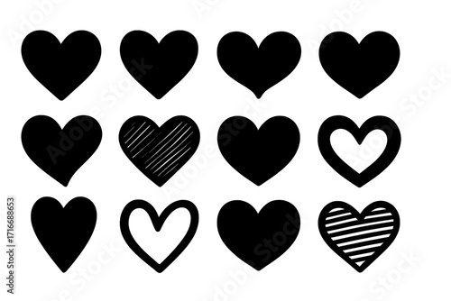 Set of symmetrical black hearts vector, stylized love shapes in various designs on white background, Valentine's Day romantic symbols, flat icon collection with hatching and outline details