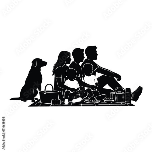 Family picnic with dog and food basket