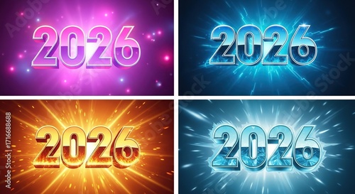 Set of four vibrant 2026 year designs with unique effects and colorful backgrounds