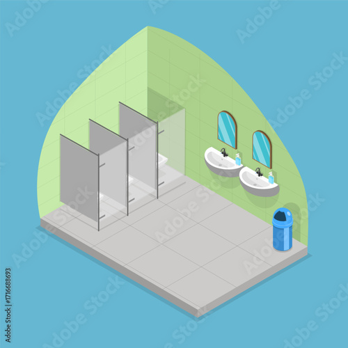 3D Isometric Flat Vector Illustration of Public Bathroom, Sanitary Facility Used By The Public For Relieving Themselves And Maintaining Personal Hygiene