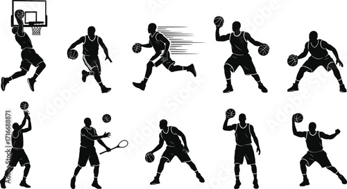 Basketball silhouettes, player action, dunk, dribble, shoot, defend, sport motion, athletic pose, training, dynamic movement, isolated figures, game