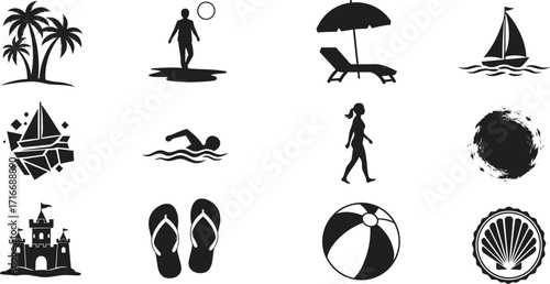  Beach and summer silhouettes, tropical vacation icons, sea travel, sunbathing, swimming, sailing, summer holiday elements, beach lifestyle vector