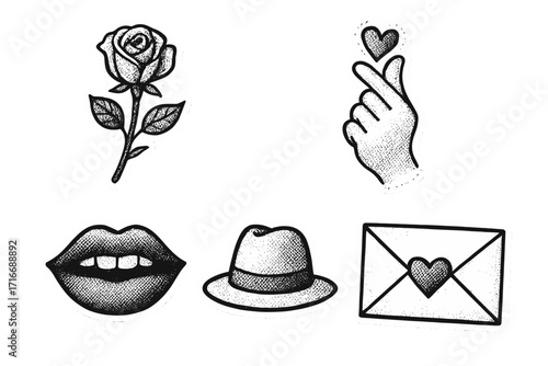 Valentine's Day vintage halftone collage elements set with dotted paper stickers, hand gesture with heart, romantic rose, lips, fedora hat, love letter envelope, mixed media design vector