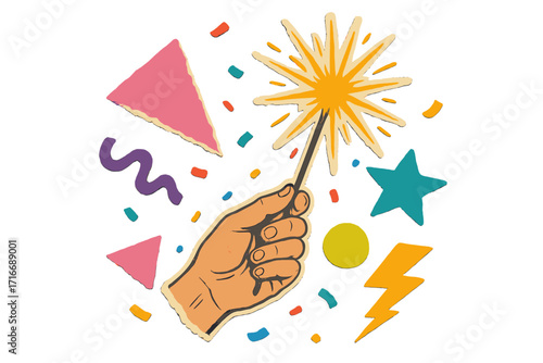 90s vintage New Year party with hand holding sparkler. Retro celebration concept in torn paper collage style. Vector illustration with confetti for greeting card or poster.