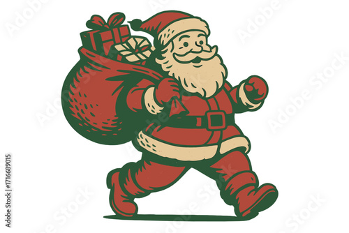 Santa Claus walking with gifts in bag. Merry Christmas vintage vector illustration. Retro duotone holiday character for greeting card, print or poster. Happy New Year design.