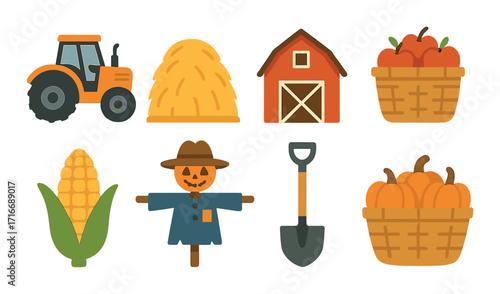 Colorful farm icons with tractor, barn, and harvest bounty