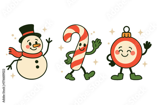 Merry Christmas groovy characters set. Cute retro snowman, candy cane, and Xmas ornament mascots. Festive holiday cartoon collection for greeting cards, posters, and prints.
