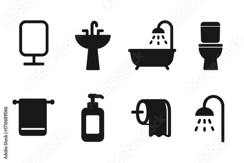 Vector bathroom icons collection. Simple black silhouette symbol set for home design. Minimalist pictograms for web. Hygiene, washroom, toilet, shower, sink signs.