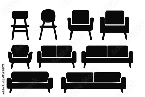 Modern furniture silhouettes. Vector icon set of chairs, sofas, couches, and armchairs. Minimalist black graphic collection for interior design. Isolated flat illustration.