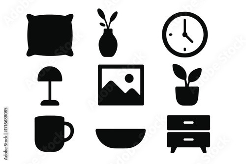 Home decor icon set in minimalist silhouette style. Vector interior design and furniture elements. Pillow, vase, clock, wall art, lamp, plant, mug and nightstand glyphs.