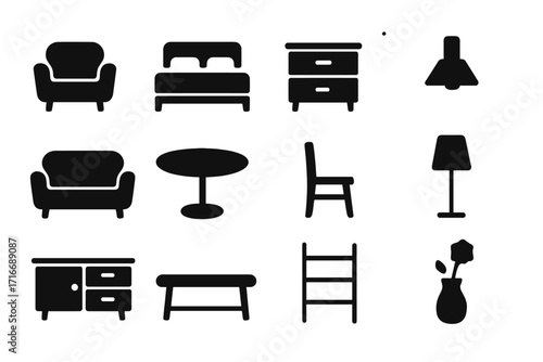 Home furniture icon set vector. Minimalist interior design elements. Simple black silhouette symbol collection. Modern household furnishing pictograms for living room, bedroom.