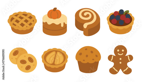 Assorted autumn desserts: pumpkin cake, cinnamon roll, blueberry tart, gingerbread man