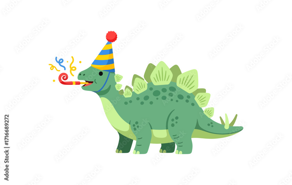 Fototapeta premium Joyful green stegosaurus celebrating a birthday party with a festive hat and noisemaker, creating a scene of fun and happiness