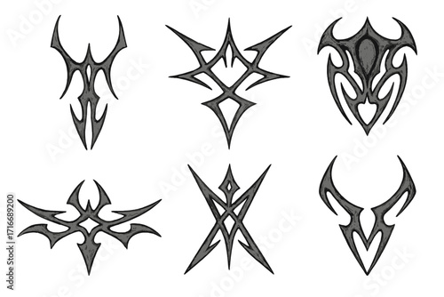 Neo tribal cyber sigilism shape set for tattoo, streetwear design. Hand drawn symmetric vector illustration. Y2K futuristic goth element pack. Abstract sharp symbols.