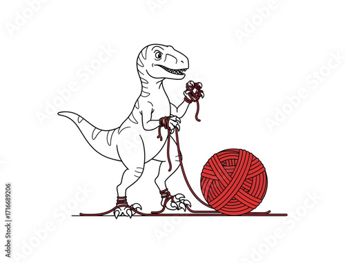 Whimsical raptor tangled in red yarn ball, creating a humorous, creative, and unexpected artistic scene
