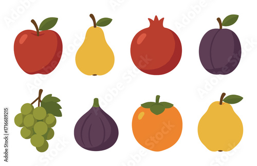 Colorful array of vibrant fruits: apple, pear, pomegranate, plum, grape, fig, persimmon