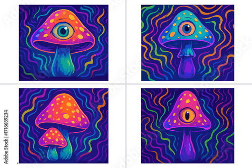 Neon psychedelic magic mushroom cards set. Fantasy mushrooms with eyes on trippy backgrounds. Vector luminous fairy tale characters. Toxic amanita in a fantastic, magic world.