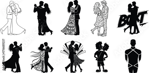 Black and white dancing couple silhouettes, ballroom, vintage, retro, comic style, vector illustration of dance poses, romance, performance art