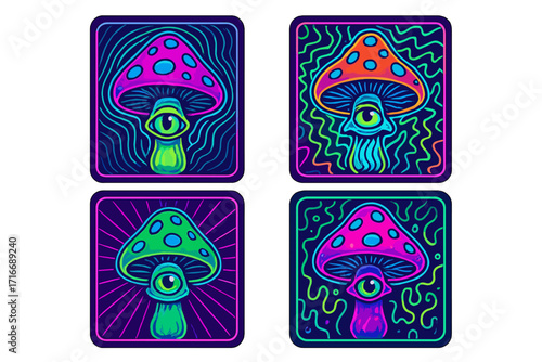 Psychedelic magic mushroom sticker set. Neon luminous amanita with all-seeing eye. Vector illustration for rave festival. Fantasy trippy surreal character cards. Esoteric art.