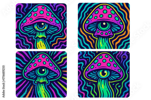 Psychedelic magic mushroom card set. Vector illustration with neon colors. Trippy fantasy mushrooms with eyes. Luminous amanita characters for mystical, esoteric concepts.