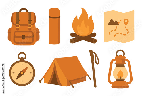 Camping adventure essentials: backpack, compass, tent, fire, map, lantern, thermos