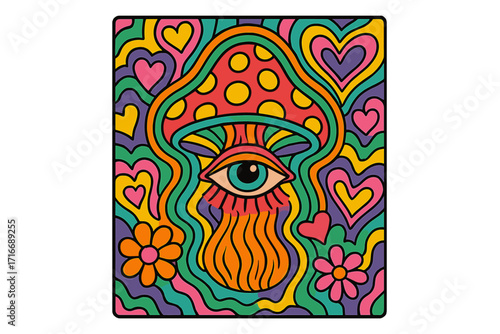 Psychedelic groovy mushroom with eye. Hippie retro 60s 70s style illustration. Trippy abstract magic mushroom hallucination. Esoteric vision, vibrant neon colors, hearts and flowers.