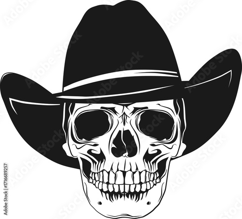 Skull in a cowboy hat. Halloween skull. Front view.
