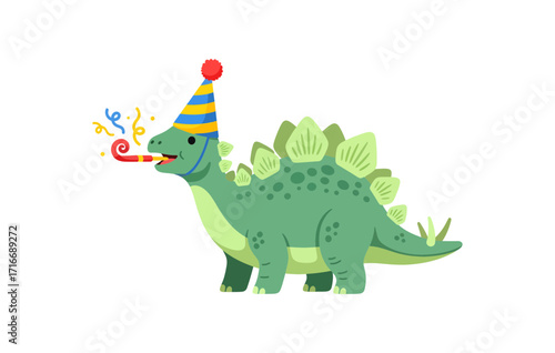 Joyful green stegosaurus celebrating a birthday party with a festive hat and noisemaker, creating a scene of fun and happiness