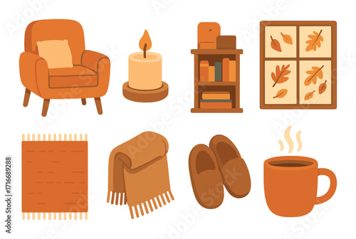 Cozy autumn essentials in warm earth tones featuring blanket, armchair, candle, and bookshelf