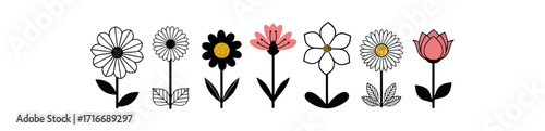 Charming collection of stylized, modern flowers in a delightful row, perfect for whimsical designs and cheerful springtime themes
