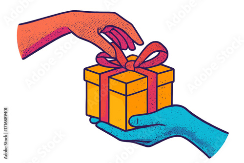 Giving and receiving a gift box. Hands sharing a present with a bow. Charity, celebration, and holiday concept. Vintage vector illustration with retro halftone texture.