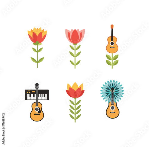 Vibrant floral music icons blend artistic expression with melodic inspiration for creative projects and harmonious designs