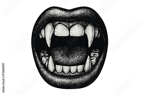 Vampire mouth with fangs illustration. Halftone dotted texture in 90s grunge style. Halloween horror monster concept. Spooky retro punk rock vector clipart graphic design.