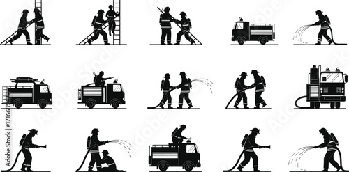 Black and white firefighting silhouettes with firefighters, fire trucks, ladders, hoses, rescue scenes, emergency response vector illustration for fire safety concepts