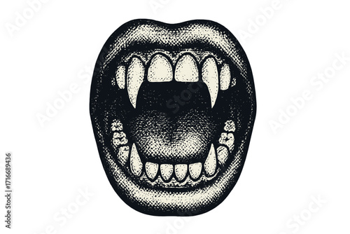 Vampire mouth with fangs in vintage halftone style. Halloween monster illustration. Retro 90s grunge horror clipart. Scary Dracula teeth bite vector. Spooky punk rock dotwork.
