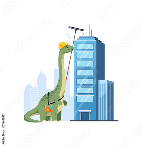 Joyful dinosaur worker wearing hard hat diligently cleans tall skyscraper windows with squeegee and bucket