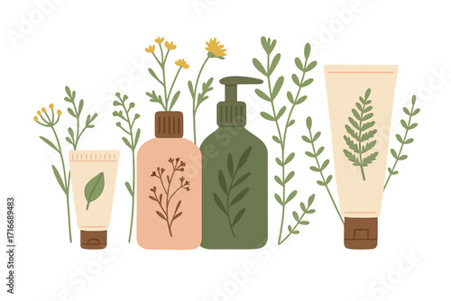 Organic cosmetics composition with bottles, tubes. Natural herbal skincare. Eco-friendly packaging with wild herbs. Bio cosmetic, beauty product. Flat hand-drawn vector print.