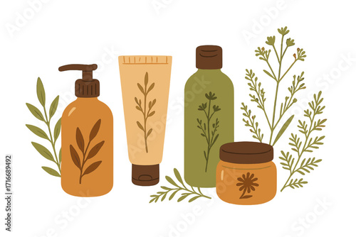 Herbal cosmetics vector set with bottles, tubes, and wild herbs. Organic beauty products concept. Natural skincare routine illustration. Flat hand drawn style for eco spa.