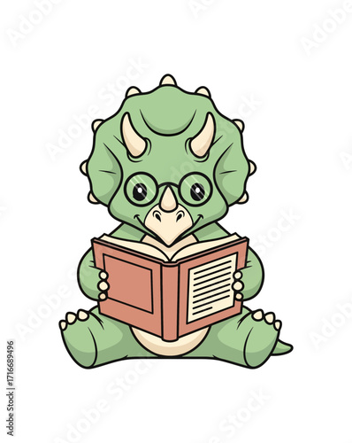 Adorable cartoon triceratops wearing glasses diligently reading an open book, sparking imagination and a love for learning