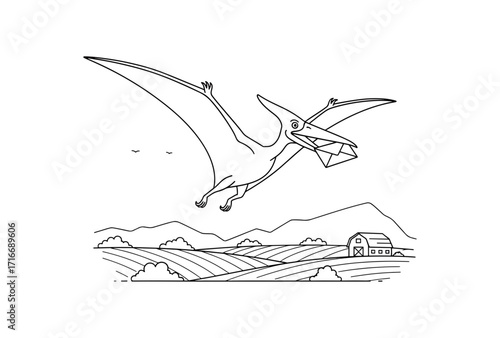 Whimsical pterodactyl delivering mail over rolling farmland and mountains, bringing a unique touch to rural delivery services and storybook adventures