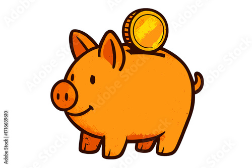Piggy bank with golden coin in a retro comic halftone style. Vector illustration concept for savings, finance, investment, money, banking, economy, and personal budget.