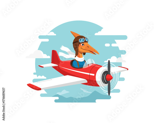 Joyful pterodactyl pilot soaring through sky in vintage red airplane, embracing adventure and freedom with adventurous spirit