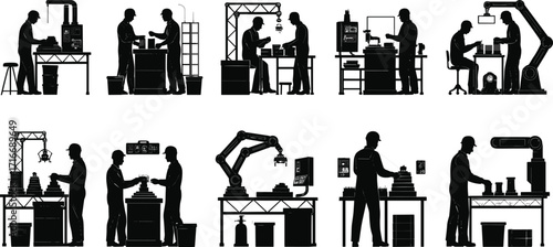 Black and white illustration of human collaboration with robotic arms, automation technology, industrial machinery, laboratory innovation, engineering teamwork, futuristic workplace
