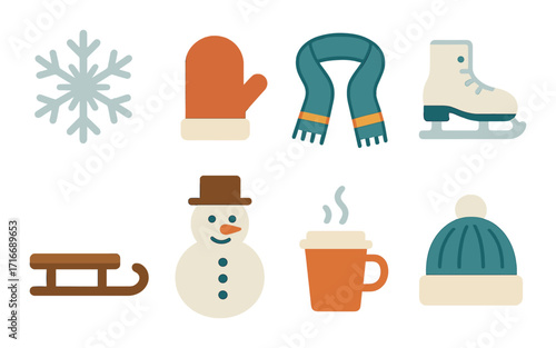 Winter essentials: snowflake, mittens, scarf, ice skate, sled, snowman, hot drink, beanie